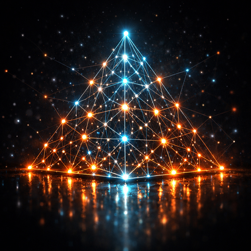 Pyramid-shaped network of blue and orange glowing interconnected nodes