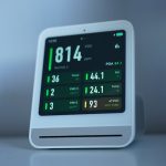 Accelerating Climate Tech with Multimodal Nano-fabrication A sleek air quality monitor showing CO2 and other air metrics, ideal for smart homes.