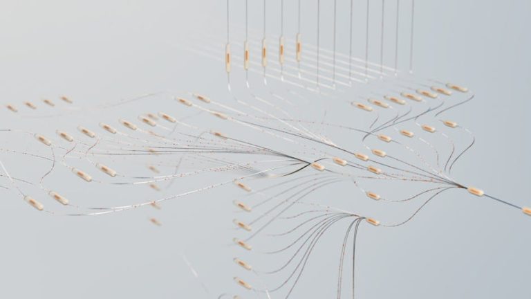 Elegant 3D visualization of neural networks showcasing abstract connections in a digital space.