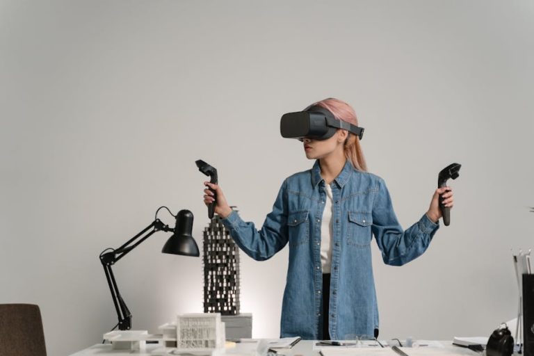 Young woman using virtual reality for architectural design in a modern office setting.
