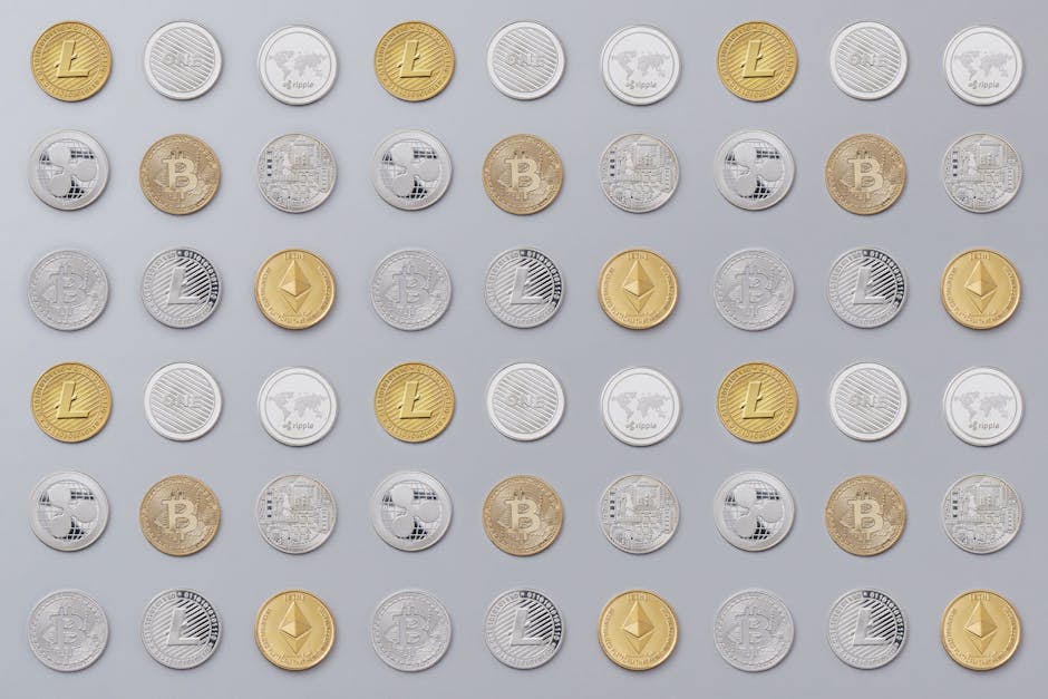 A seamless pattern of various cryptocurrency coins in gold and silver tones.