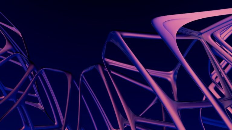 A captivating 3D abstract image with futuristic geometric shapes in purple hues.