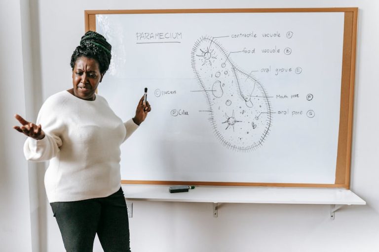 Expressive African American female teacher in casual clothes standing near whiteboard and explaining scheme during biology lesson in classroom