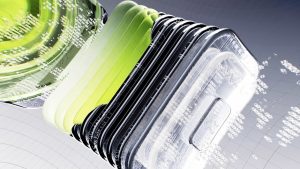 Abstract visualization of futuristic digital technology with layered components in dynamic 3D rendering.