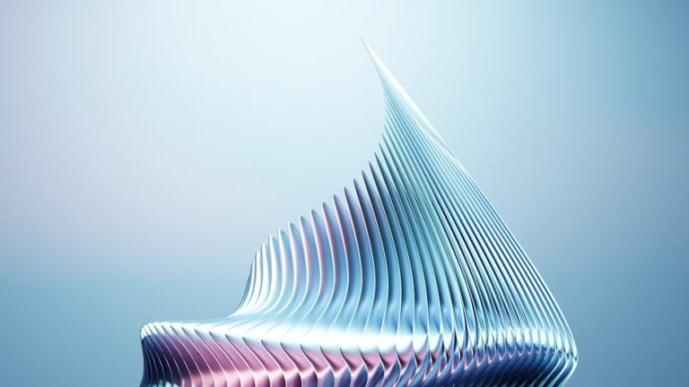 Abstract metallic structure with fluid lines in a minimal background, showcasing modern design.