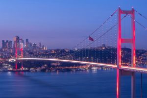 Stunning evening view of the Bosphorus Bridge in Istanbul with city skyline.