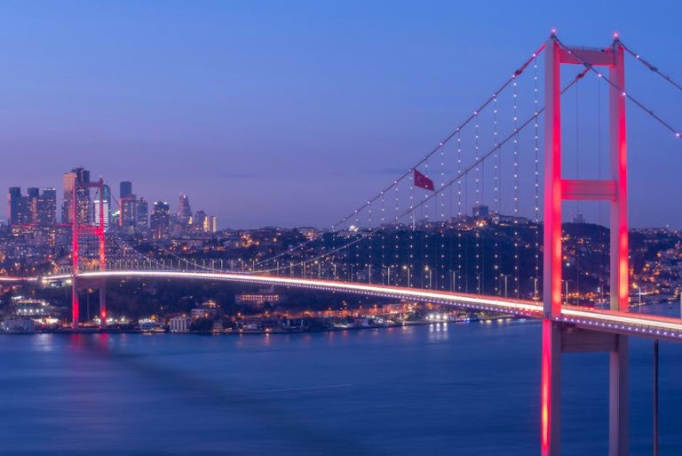 Stunning evening view of the Bosphorus Bridge in Istanbul with city skyline.