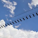 <h1>Bridging the Gap: A Scalable Soft Robotics Benchmark for Edge and IoT Integration</h1> A low angle view of a suspended footbridge set against a vibrant blue sky and clouds.