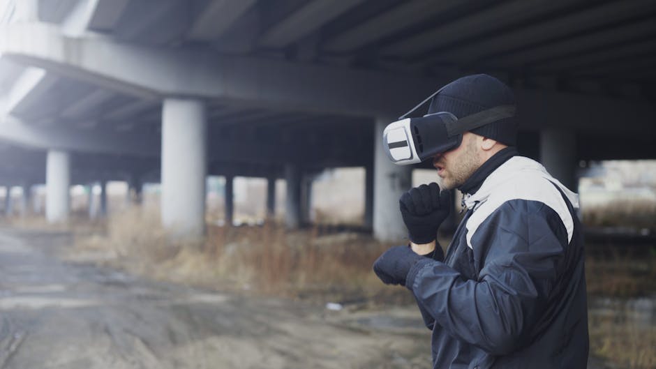 Man wearing VR headset under a bridge, exploring virtual reality outdoors.