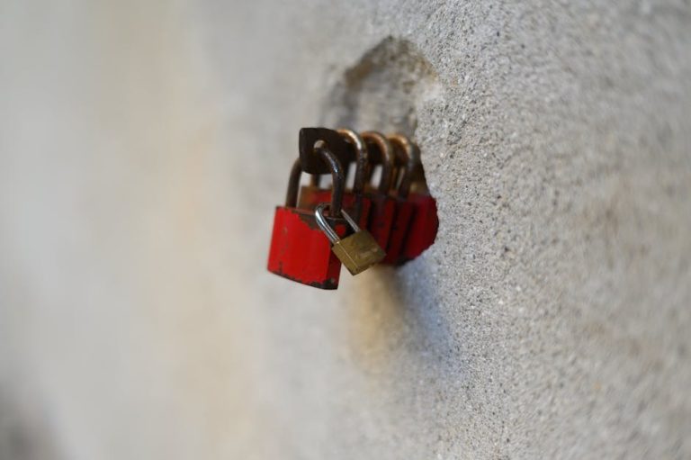 A series of red padlocks attached to a stone wall, symbolizing security and love.