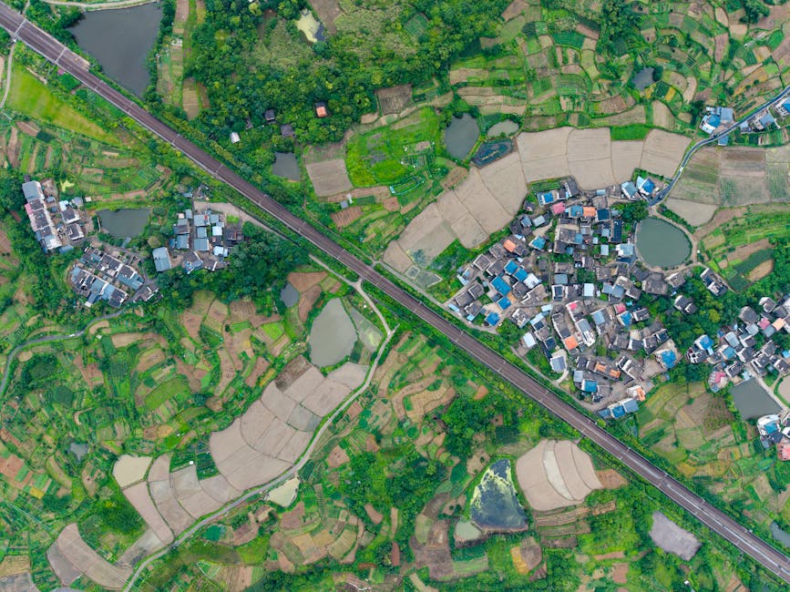 Stunning aerial photo of a rural Chinese village with lush green rice fields and irrigation ponds.