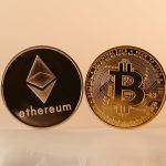 Close-up of Ethereum and Bitcoin coins representing modern digital currency and blockchain technology.