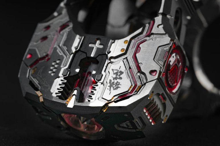 Close-up of a futuristic mechanical device showcasing intricate metalwork and design elements.