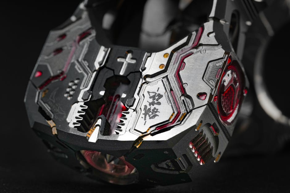 Close-up of a futuristic mechanical device showcasing intricate metalwork and design elements.
