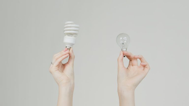 Hands hold incandescent and spiral light bulbs, symbolizing energy efficiency.