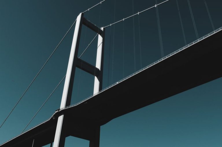 Low angle view of the Great Belt Bridge in Denmark against a clear sky.