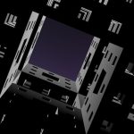 Abstract digital art of a futuristic cityscape with geometric patterns and a night sky.
