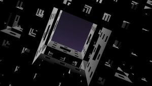 Abstract digital art of a futuristic cityscape with geometric patterns and a night sky.