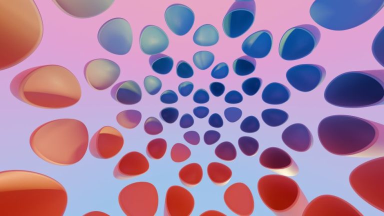 Dynamic abstract art with colorful geometric shapes in 3D render style.