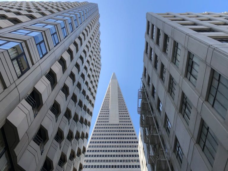 Worm's-eye view of the iconic Transamerica Pyramid in San Francisco.