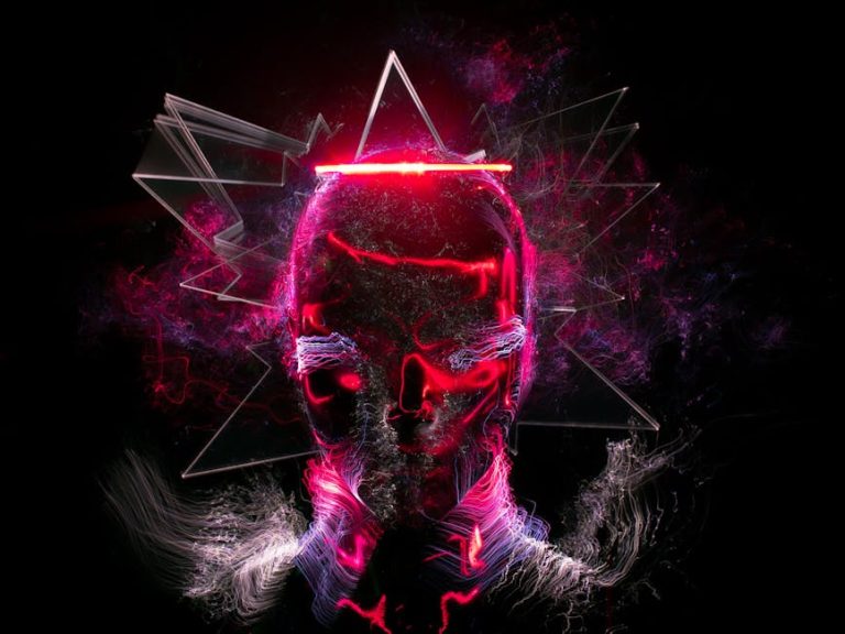 Digital artwork featuring a neon skull with vibrant abstract elements and light effects.