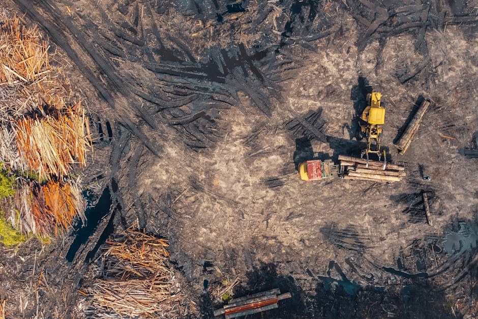 Aerial shot depicting heavy machinery in a deforested area, highlighting environmental impact.