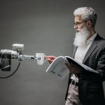 A scientist interacts with a robot helper, demonstrating modern technological innovation.