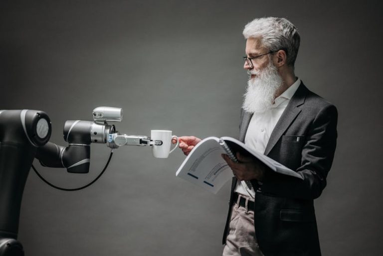 A scientist interacts with a robot helper, demonstrating modern technological innovation.