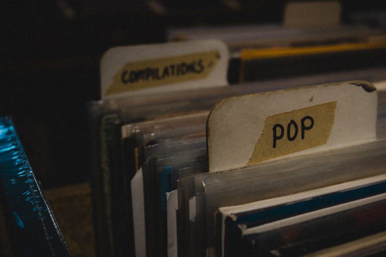 A close-up of vinyl records categorized under 'POP' and 'COMPILATIONS' in a dimly lit retro store.