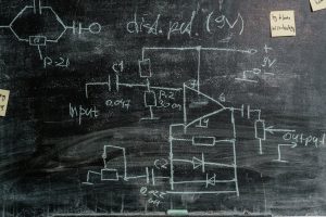 Detailed chalkboard displaying science diagrams and sticky notes, showcasing scientific exploration.