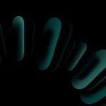 A striking abstract image with dark teal shapes forming a circular pattern on a black background.