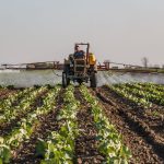 A farmer on a tractor sprays crops with fertilizer in a rural agricultural setting.