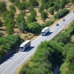 Aerial shot of a highway with trucks and cars surrounded by lush greenery.