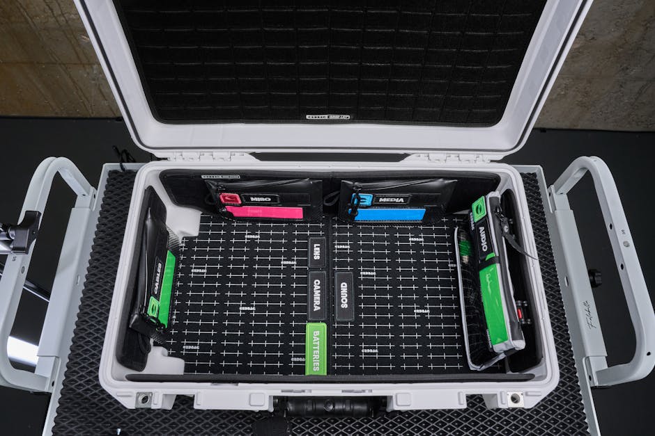 Top view of a neatly organized camera equipment hard case with labeled compartments.