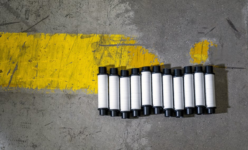 Plastic rolls aligned by a yellow road marking on concrete.
