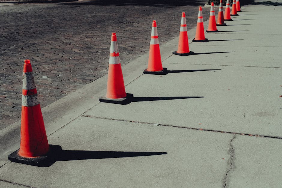 A row of bright orange traffic cones on sunlit pavement casting long shadows.
