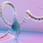 Colorful 3D render depicting a glass spiral structure with vibrant gradients.