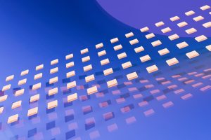 Dynamic 3D abstract image with geometric pattern in blue and peach tones.