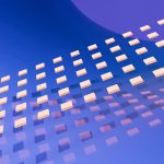 Dynamic 3D abstract image with geometric pattern in blue and peach tones.