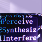 Futuristic abstract artwork showcasing AI concepts with digital text overlays.