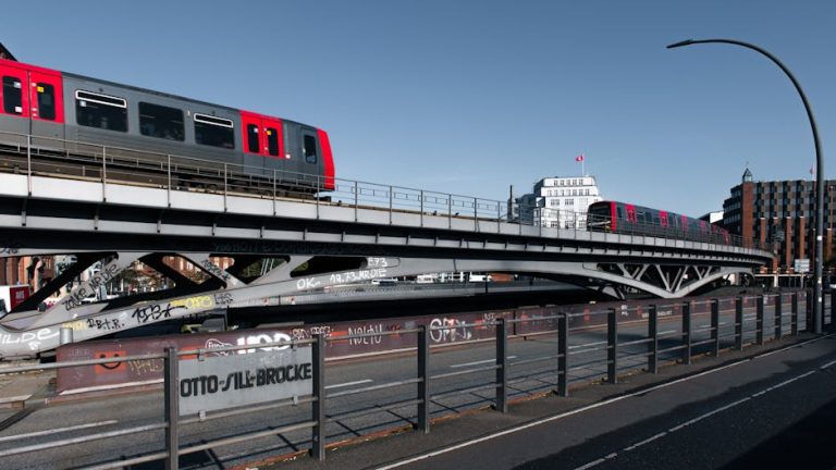 Electric train passing over Otto-Sill-Brücke, Hamburg, Germany with cityscape backdrop.