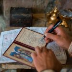 Spiritual Intelligence: The Secret Advantage in Future-Proof Leadership A person writes in an antique diary, surrounded by ancient artifacts and sacred texts.