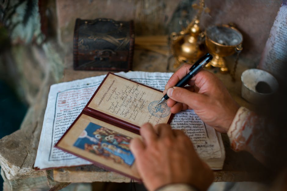 A person writes in an antique diary, surrounded by ancient artifacts and sacred texts.