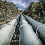 View of large industrial pipelines running through a lush forest landscape.