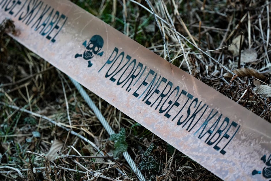 Caution tape reading 'POZOR! ENERGETSKI KABEL' lies on vegetation.
