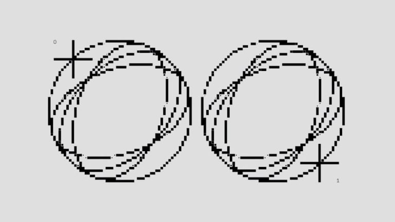 Intricate black and white pixel art featuring circular patterns with binary symbols, showcasing abstract shapes.