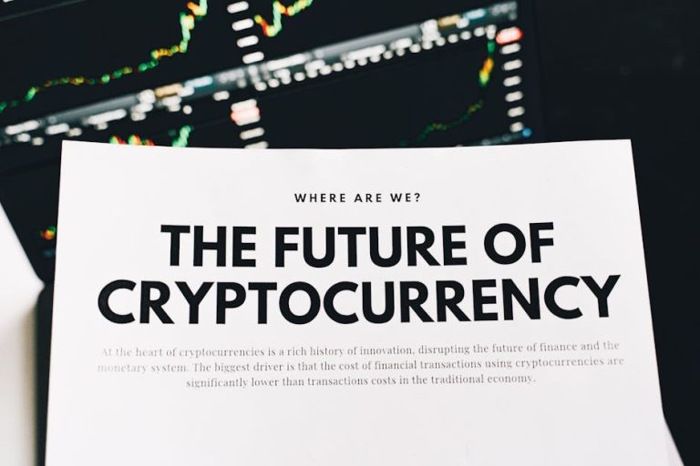 Close-up of a finance article on cryptocurrency with charts in the background.