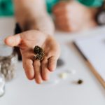 Faceless medical worker showing sample of herbal medicine in hand while sitting at table