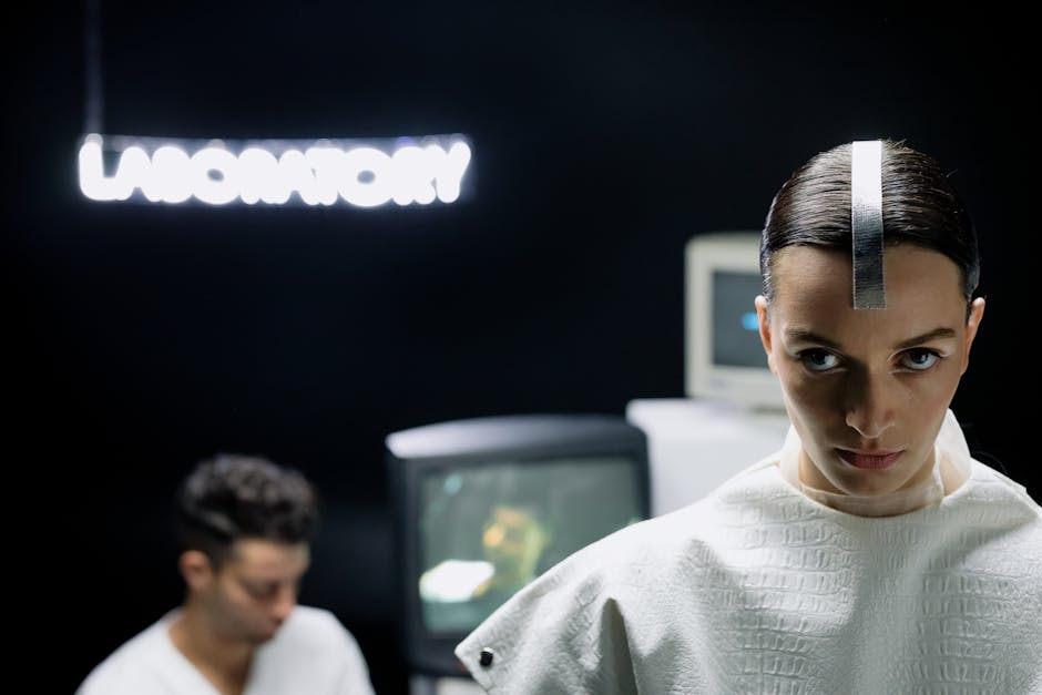 Woman in a futuristic laboratory with high-tech atmosphere.