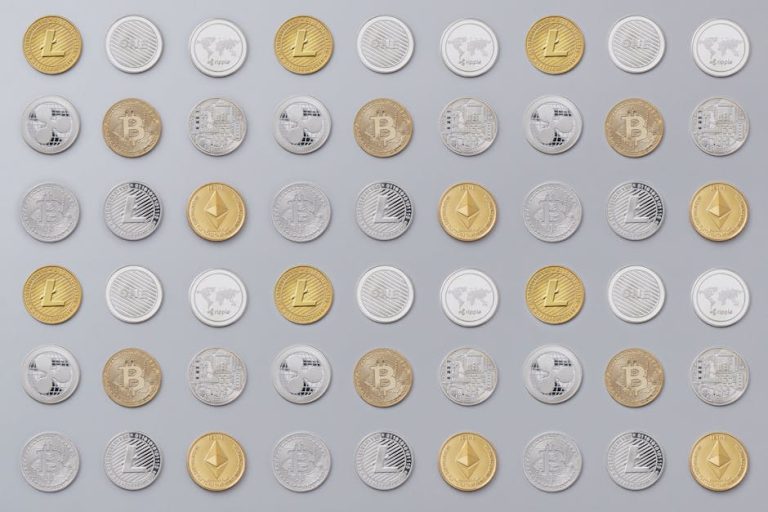 A seamless pattern of various cryptocurrency coins in gold and silver tones.